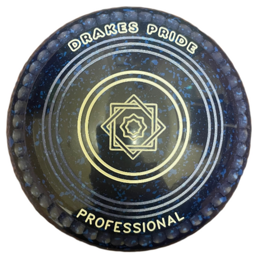Drakes Pride professional bowl with a blue speckled design on a white background