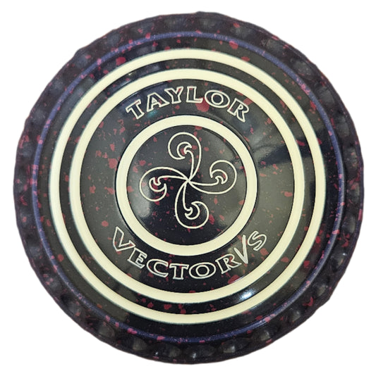 Taylor Ace 3H Dark Blue Magenta Lawn Bowls with Geometric Emblem.