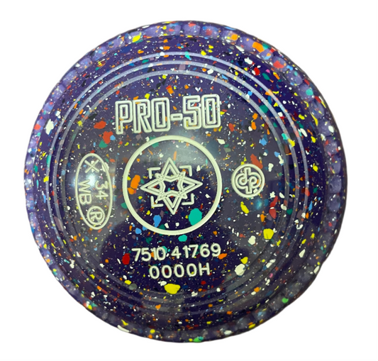 Colorful speckled disc with 'PRO-50' branding on a white background