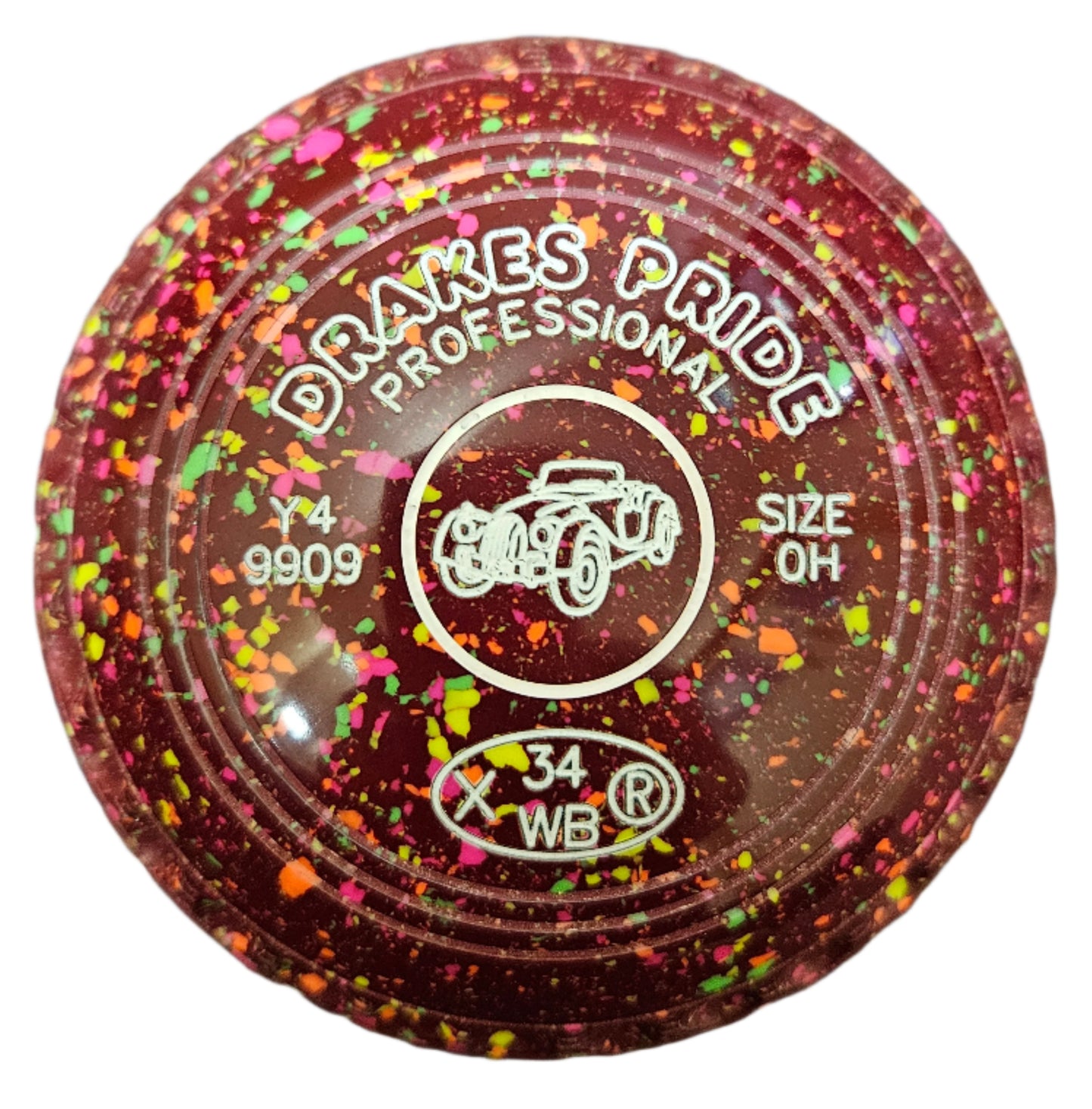 Drakes Pride Professional 0H Maroon Fluorescent Harlequin Lawn Bowls with Car Emblem