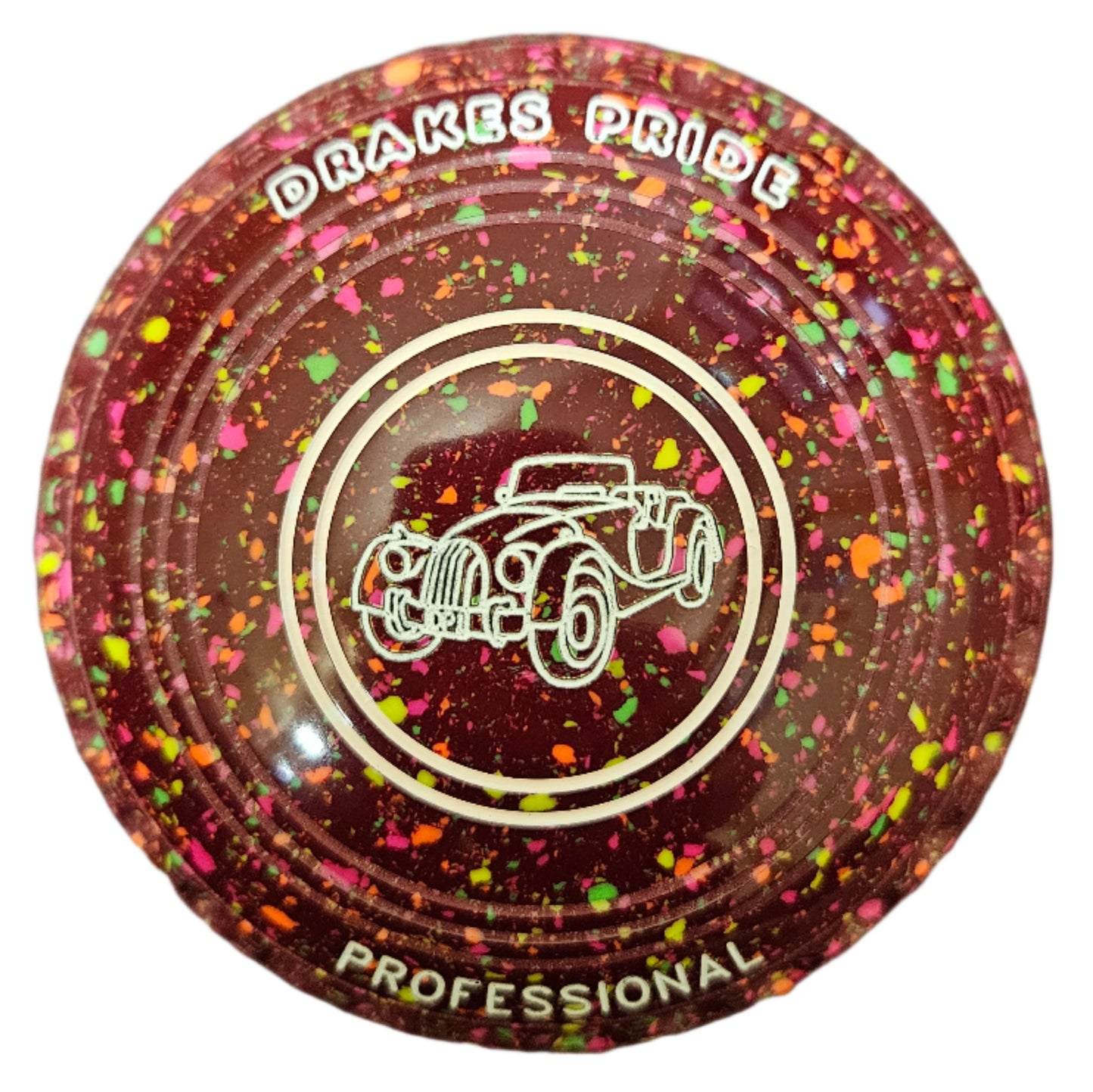 Drakes Pride Professional 0H Maroon Fluorescent Harlequin Lawn Bowls with Car Emblem