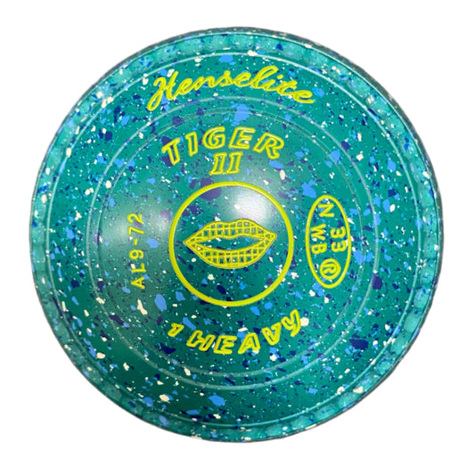 Henselite Tiger II 1H Jade Lawn Bowls with Lips Emblem and Series C Grip.