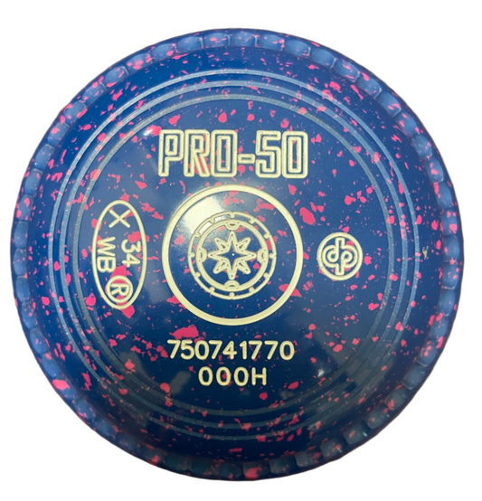 Blue bowl with pink speckles and gold text on a white background