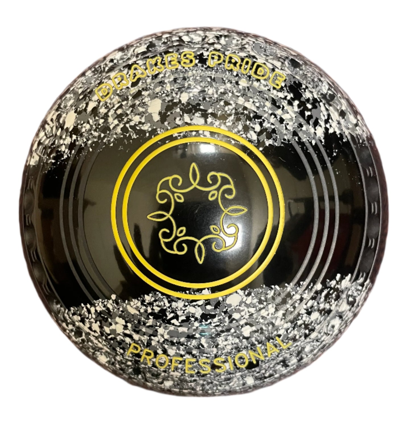 Black and white bowl ball with gold accents on a patterned background