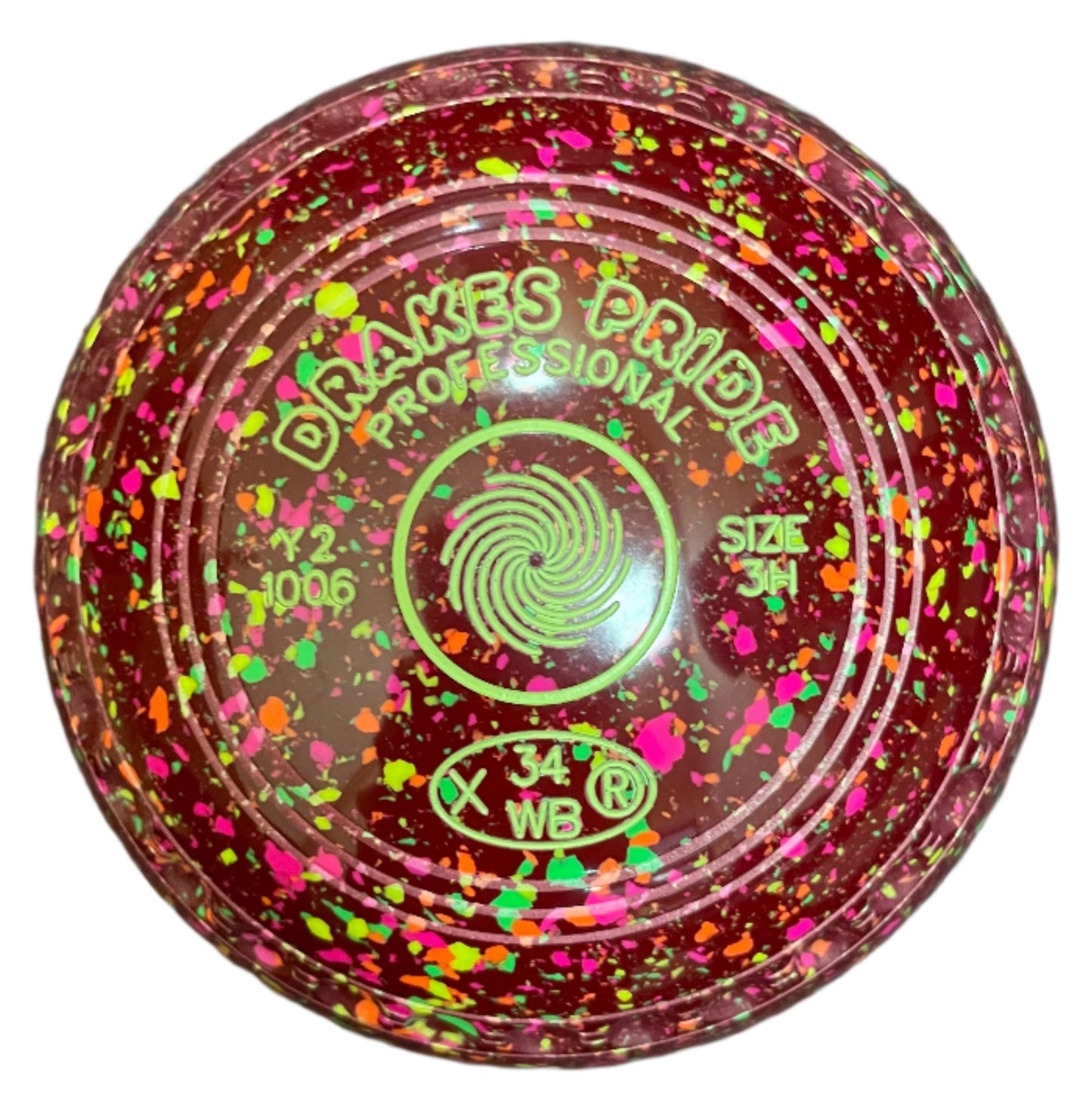 Colourful bowls, ball with Drakes Pride on a white background