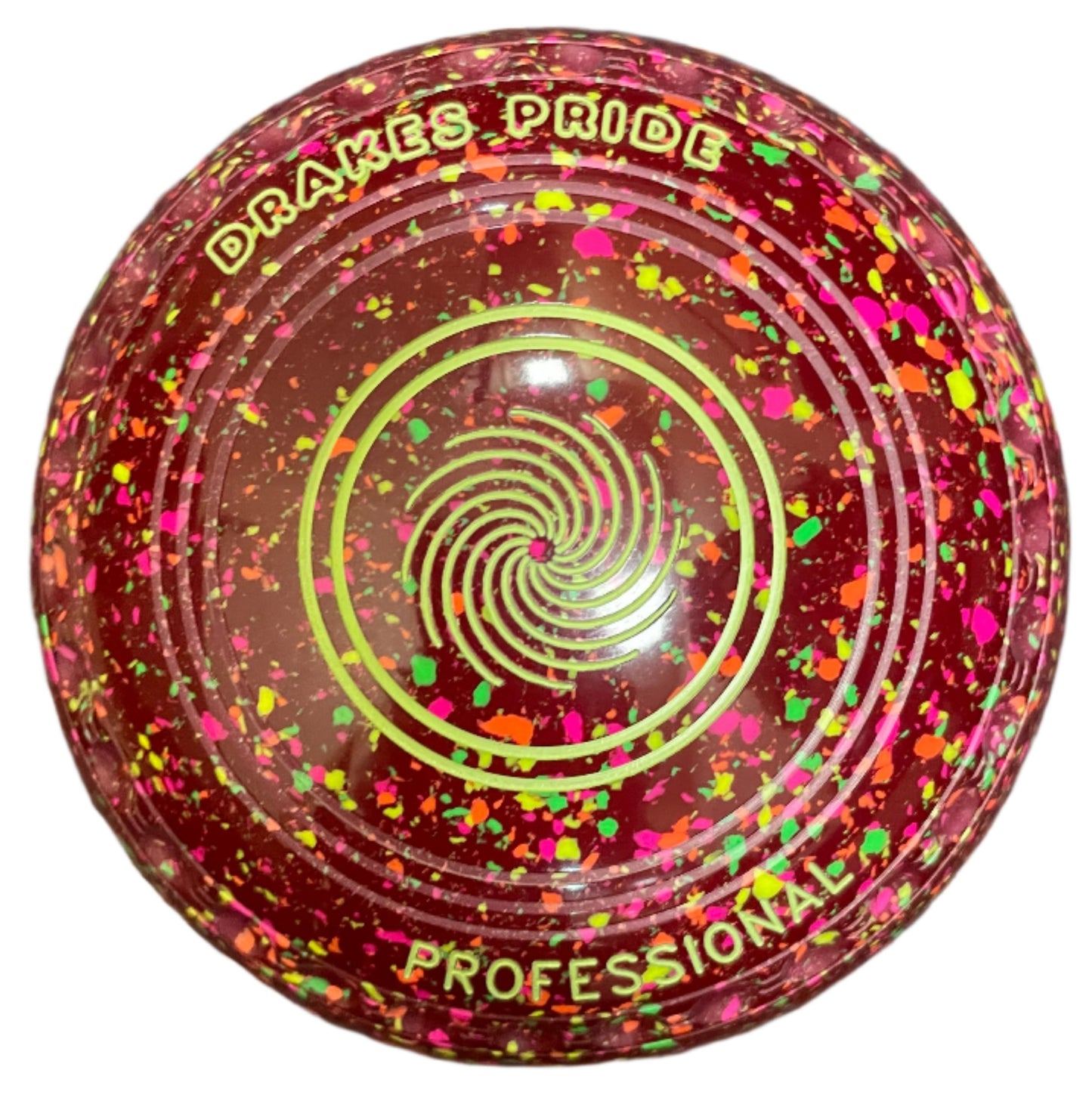 Glowing pink and red bowls ball with colourful swirl pattern and 'Drakes Pride' branding on a white background