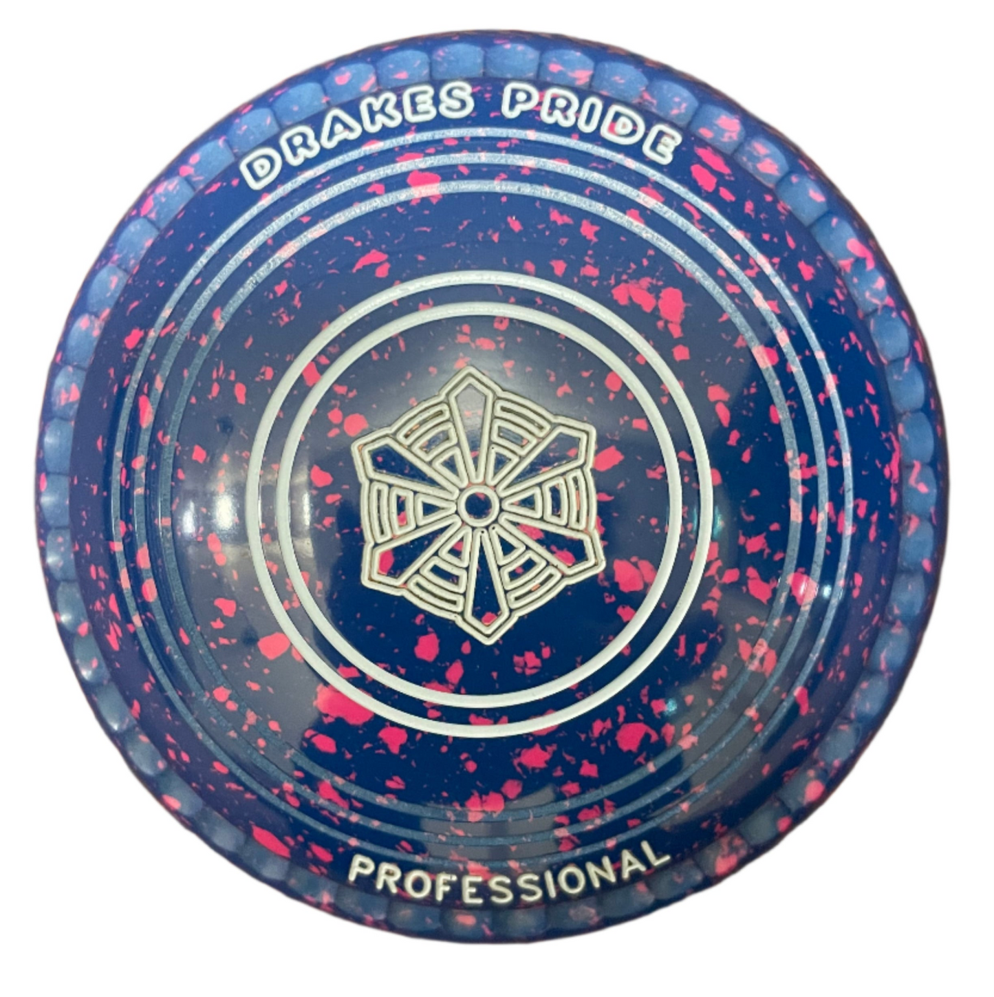 Blue and pink speckled disc with 'Drakes Pride' branding on a white background