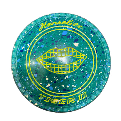 Henselite Tiger II 1H Jade Lawn Bowls with Lips Emblem and Series C Grip.