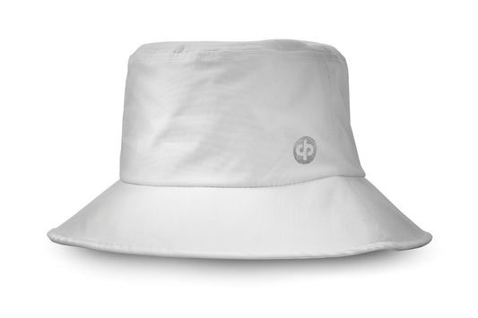 White bucket hat with DP logo on a white background
