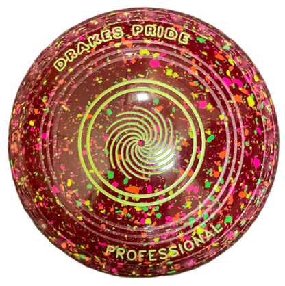 Glowing pink and red bowls ball with colourful swirl pattern and 'Drakes Pride' branding on a white background