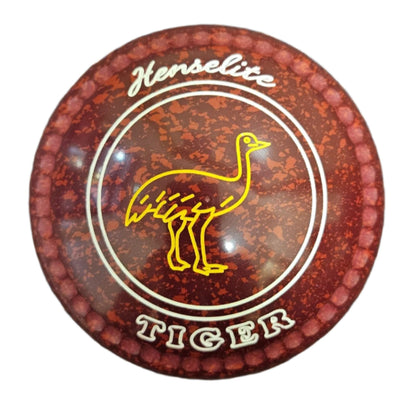 Henselite Tiger bowl with red marbled design and yellow ostrich illustration on a white background